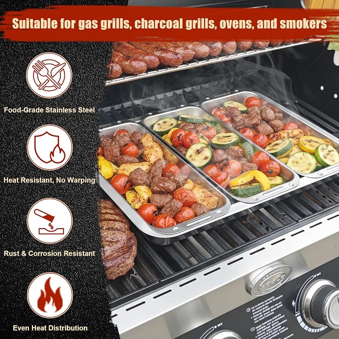 BBQ Vegetable Grill Basket Set, 4 Piece Stainless Steel Grill Pan Set with Universal Handle & lid, Dishwasher Safe, for Outdoor Cooking, Camping, Picnic, For Grilling Fish Veggies & Meats