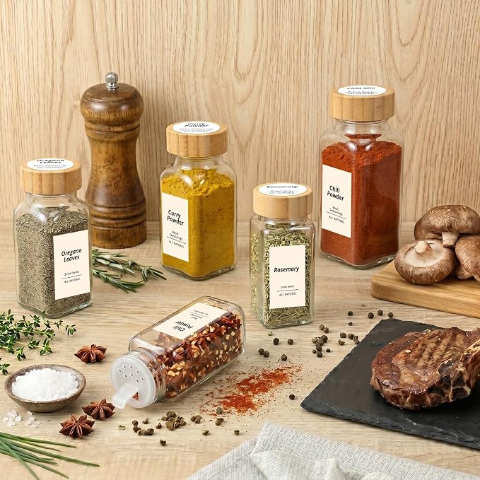 SHOWIN Spice Jars with Label, 4oz Spice Containers with Bamboo Lids 12pcs, Glass Spice Jars with Lids, Square Seasoning Containers for Rack, Cabinet, Drawer, Home Kitchen Seasoning Organizer