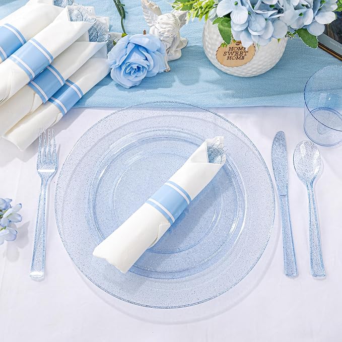 DaYammi 210PCS Blue Glitter Plastic Dinnerware Set for 30 Guests, Fancy Disposable Plates for Party, Include: 30 Dinner Plates, 30 Dessert Plates, 30 Pre Rolled Napkins with Blue Silverware, 30 Cups