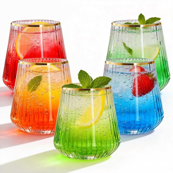 N9R 24PCS Plastic Wine Glasses Disposable, 14 oz Gold Rim Cocktail Spritz | Clear Gold Stemless Champagne/Whiskey/Drinking Cups, Fancy Origami Ripple, Shatterproof, for Parties, Weddings, Pool and Bar