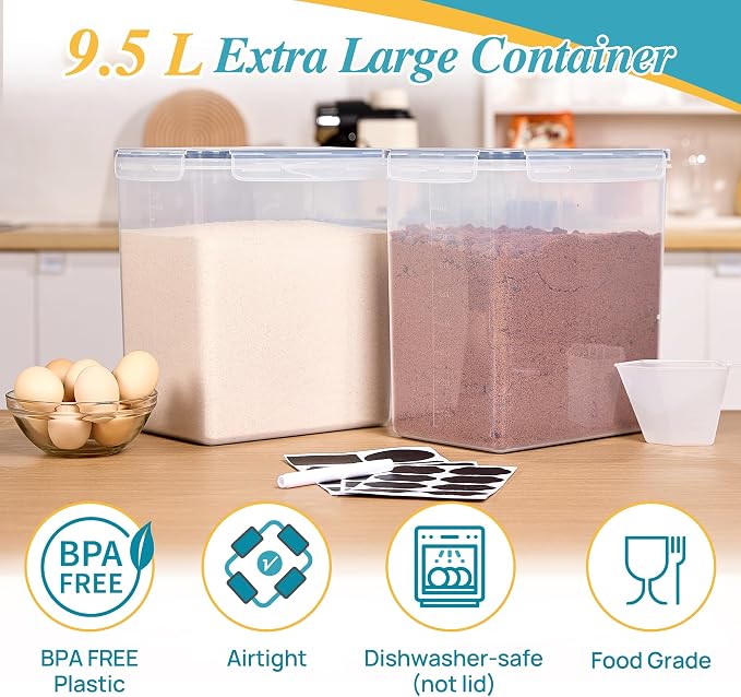 Vtopmart 9.5L Flour Sugar Storage Containers, 2 Pack, Each Fits 12.5 lb | Each for 12.5 lb Flour, Airtight Seal, Multiple Sizes, BPA Free, Food Grade Material, Dishwasher Safe (Not Lids)