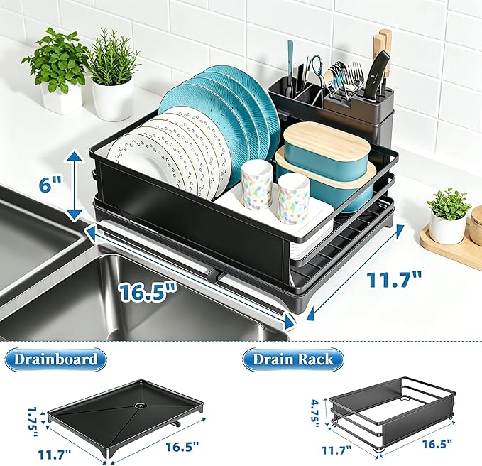 Simple Trending Dish Drying Rack for Kitchen Counter, 12" D x 16" W, Black | Stainless Steel Dish Rack for Kitchen Counter, Dish Drainer with Cutlery & Cup Holders, Anti-Rust, Counter Space Saving