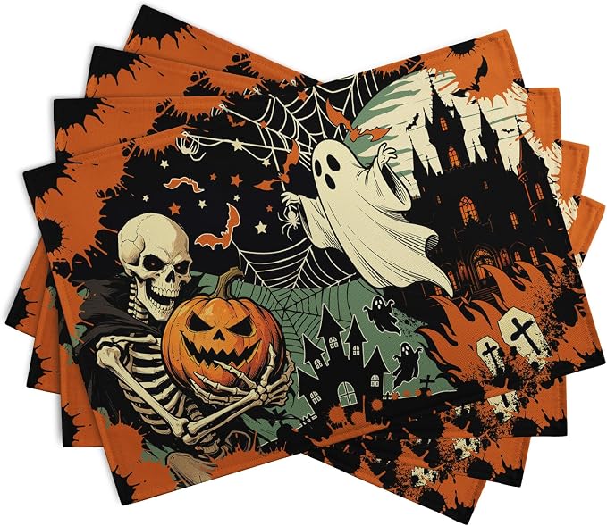 Halloween Skeleton Ghost Placemats Set of 4 12x18 Inch Spooky Pumpkin Bat Table Mats Vintage Rustic Farmhouse Place Mats for Party Kitchen Dining Decor
