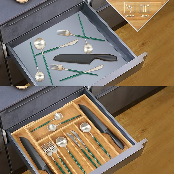 VaeFae Bamboo Drawer Organizer, Medium, Natural | Kitchen Utensil Holder, Multi-Function Drawer Storage，38 cm D x 29.2-45.7 cm W, 5-7 Slots, Natural