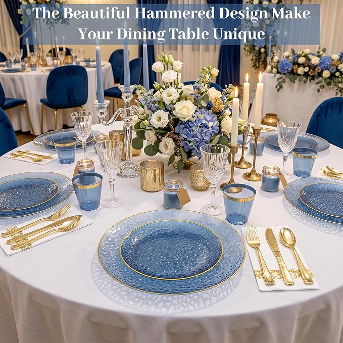 DaYammi 350PCS Blue Plastic Dinnerware Set, Plastic Plates Disposable Hammered Disposable Plates for Party, Include: 50 Dinner Plates 50 Dessert Plates 150 Gold Silverware 50 Napkins 50 Cups