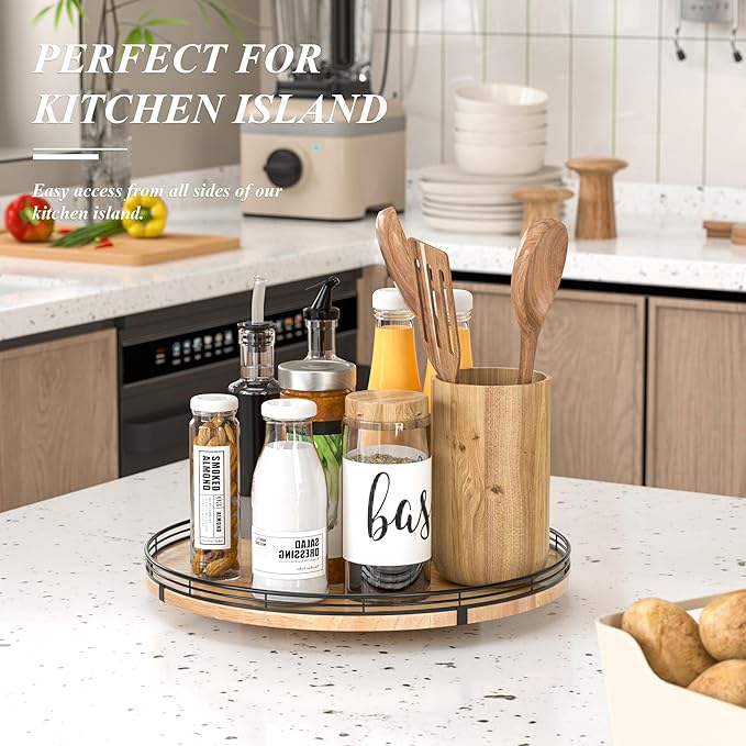 AMH 16-Inch Farmhouse Oak Lazy Susan Organizer for Table and Cabinet | Smooth rotating oak tray with walnut finish for dining tables, kitchen counters, pantries and cabinet storage.
