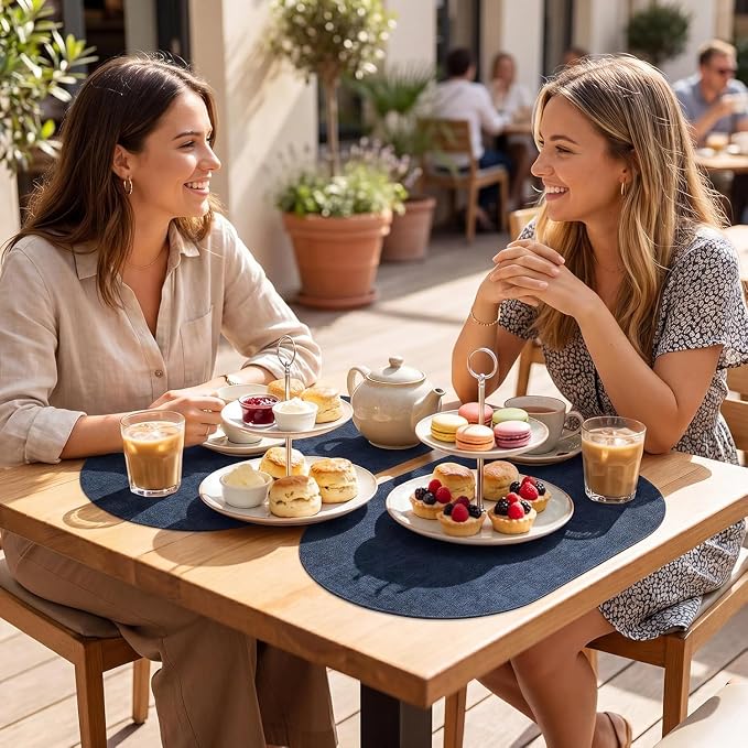Placemats Set of 12-17" x 11.8" Waterproof & Heat Resistant Oval Place Mats, Wipeable Washable Double Layer Faux Leather Table Mats, Dark Blue