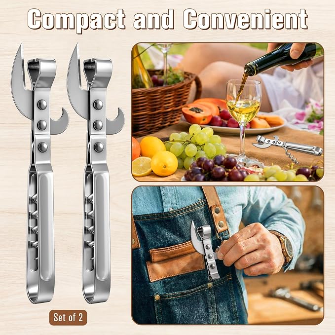 2 Pack 3 in 1 Can Openers, Vintage Can Opener with Dual Sided Blade, Left & Right Hand Friendly, Heavy Duty Stainless Steel Old Fashioned CanOpener, One for Kitchen, One for Camping