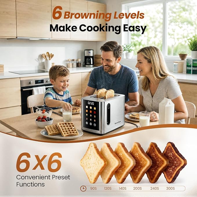 2 Slice Touchscreen Toaster Stainless Steel Smart Digital Toaster | 1.5" Extra Wide Slot Toaster, 6 Bread Types & 6 Browning Settings, LED Countdown, Reheat Defrost Cancel, for Home Dorm RV