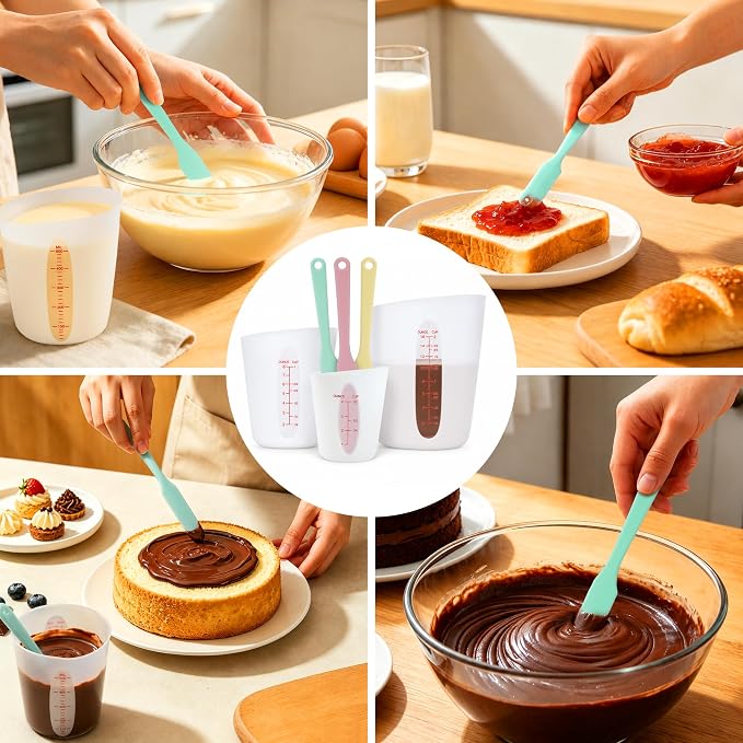 Food-Grade Silicone Chocolate Melting Cup Set with 3Pcs BPA Free Silicone Measuring Cups (1/2Cup/1Cup/2Cup) and 3Pcs Heat-Resistant Jar Spatulas, Non-Stick Baking Supplies for DIY Chocolate