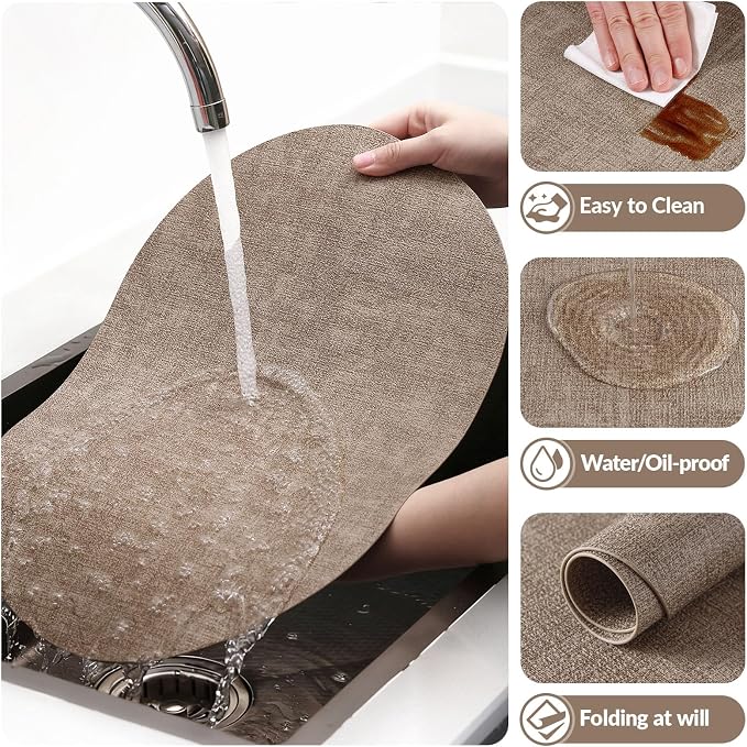 Placemats Set of 6, 11.8 x 17 Inch, Light Brown | Heat Resistant Oval Faux Leather Place Mats, Waterproof Wipeable Reversible PU Placemat, Indoor & Outdoor