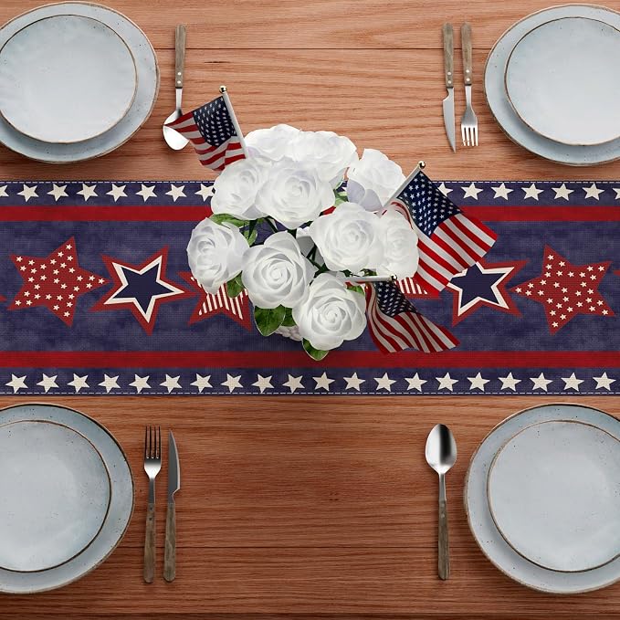 XCHI Blue Patriotic Red White Stars America 4th of July Memorial Day Independence Day Table Runner Decoration for Home Kitchen Holiday Party 13x72 Inch