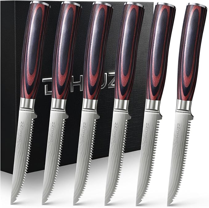 DiiHAUZZ Steak Knives Set of 6, 4.5 Inch Ultra Sharp Serrated Knife Set | Hight Carbon Stainless Steel Blade, Ergonomic Pakkawood Handle, Non-Slip, Gift Box