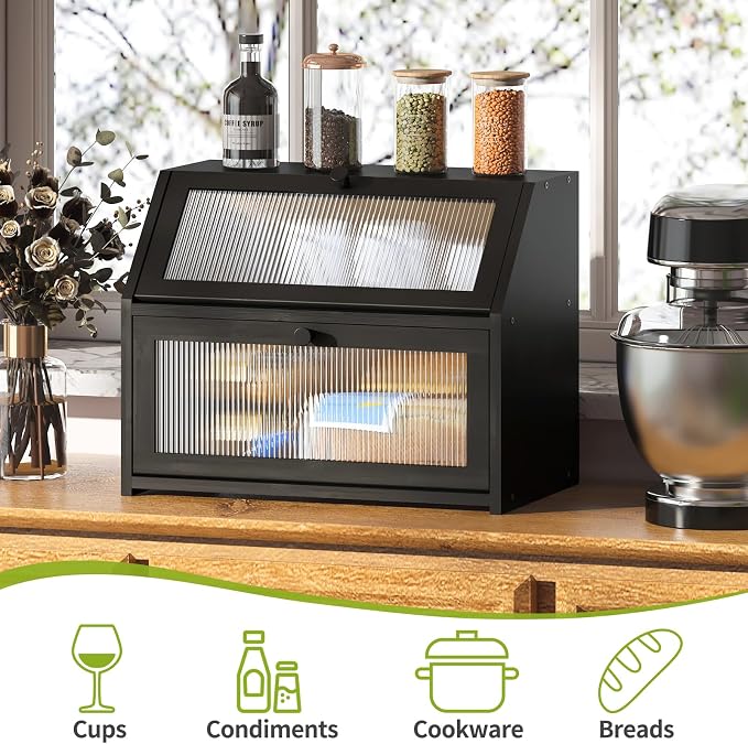 BMOSU Large Double Layer Bread Box for Kitchen Countertop, Bamboo Wood Capacity Bin Storage (Black)