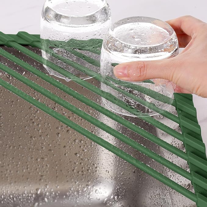 Tomorotec Roll Up Dish Drying Rack with Silicone Coating, Army Green | 304 Stainless Steel with BPA-Free Silicone, Triangle Design Maximizes Sink Corner Space, Fits Compact Kitchens And RVs