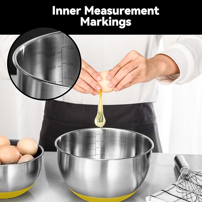 KITEISCAT Stainless Steel Mixing Bowls with Lids – Set of 5 Large Nesting Metal Bowls for Kitchen, Baking, Cooking, Food Prep & Storage, Non-Slip Base, Dishwasher Safe,Yellow