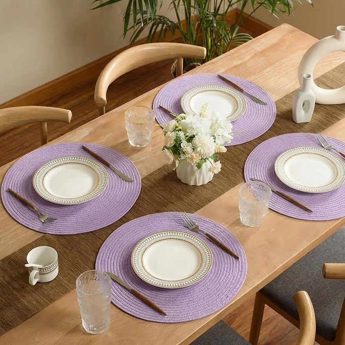 FunWheat Round Braided Placemats Set of 8 Place mats for Dining Tables Woven Heat Resistant Table Mats 15 inch (Light Purple,8pcs)