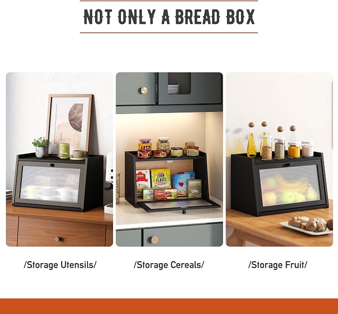 GHWIE Large Bread Box, Easy Access & Cleaning - Bamboo Bread Box for Kitchen Countertop with Acrylic Door (Black, Medium)