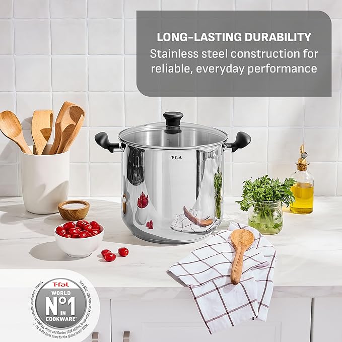 T-fal Specialty Stainless Steel 20-Quart Stock Pot with Lid, Induction Compatible, Soup Pasta Pot, Dishwasher-Safe, Oven Safe Up To 350, Silver