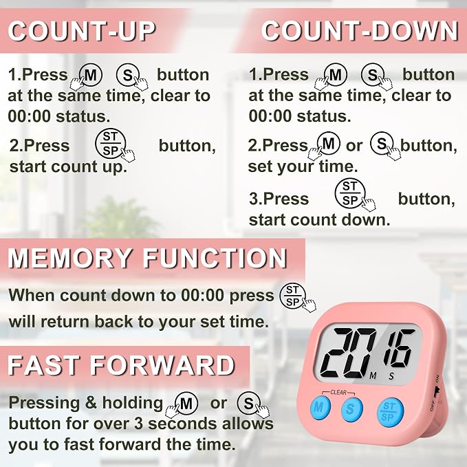 ZILLEEN Classroom Timer for Kids Teachers 2 Pack Digital Timers White Pink | Strong Magnetic, Large Screen, Big Button, Teacher Classroom Must Haves Kitchen Timers for Cooking Egg Exercise Study