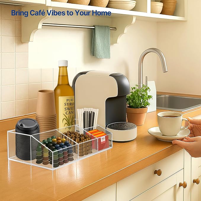 Acrylic Coffee Bar Station, Countertop Snack Tea Organizer & Condiment Tray | Syrup, Creamer, Sugar Packets & Tea Bags
