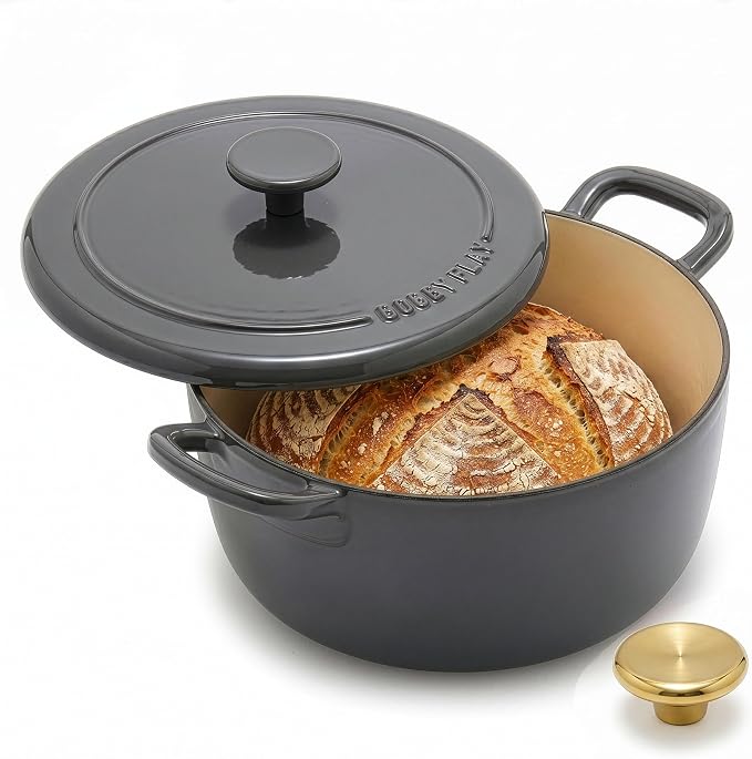 GreenPan x Bobby Flay 5.5QT Enameled Cast Iron Dutch Oven With Lid, Slate | Casserole Pot for Braising, Stews, Bread Baking & Searing, Self-Basting Lid, Induction Ready, Oven Safe To 500, Gold Lid Knob