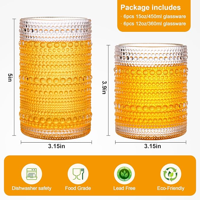 KMIGRUAN Hobnail Drinking Glasses Set of 12, 15Oz & 12Oz Cocktail Glasses | Clear Vintage Highball Glasses, Embossed Beaded Water Tumbler for Juice and Various Mixed Drinks, Kitchen Drinking Glasses