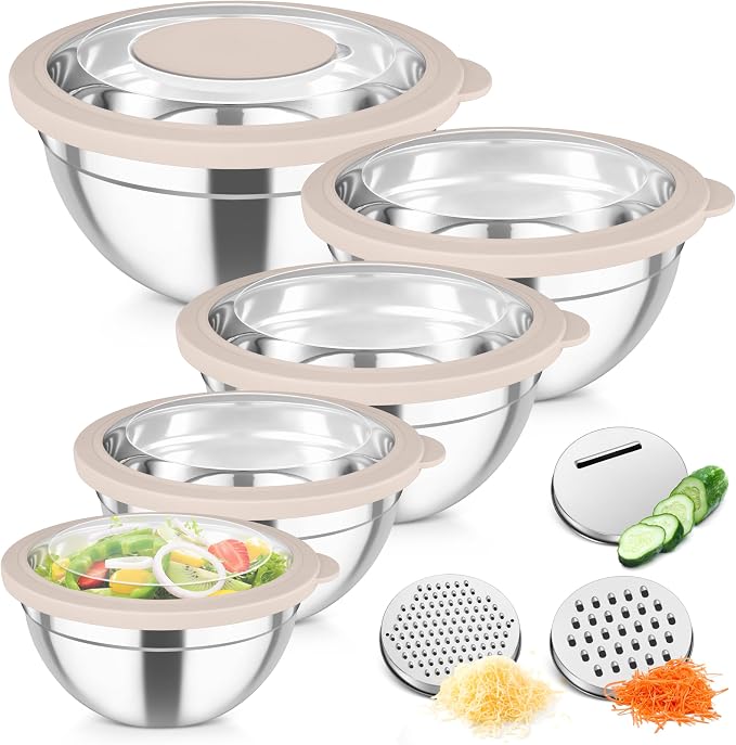 TeamFar Mixing Bowls, Stainless Steel Salad Serving Bowl with Clear Lids | with 3 Graters, For Kitchen Cooking Prepping Storing, Size 4.6/2.6/1.5/1/0.7 QT, Nesting & Airtight, Set of 5 & Khaki