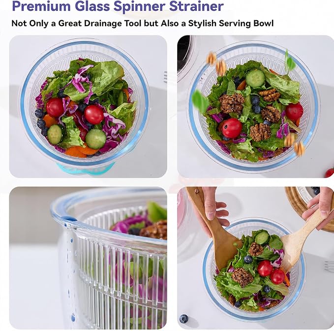 3.2 Qt Glass Salad Spinner with Storage Lid, Non-Slip Base & Basket, Blue | Compact Vegetable Dryer and Greens Washer with Clear Basket & Crank Handle; Borosilicate Bowl Microwave & Dishwasher Safe
