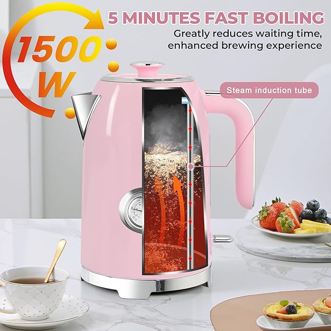 SUSTEAS 57oz Electric Kettle with Thermometer, Hot Water Pot, Pink | Electric Tea Kettle for Boiling Water, 1500W Stainless Steel Pot, Cordless LED Indicator, Auto Shut-Off & Boil Dry Protection