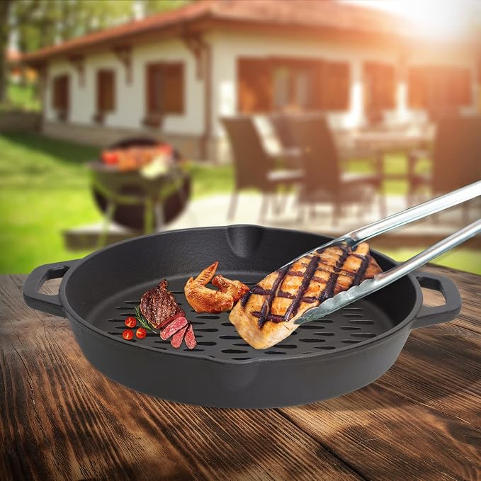 12" Round Cast Iron Grill Basket with Dual Handles – For Veggies/Fish/Meat | Heavy-duty seasoned cast iron basket; fits most grills/smokers; small perforations prevent food loss; dual handles