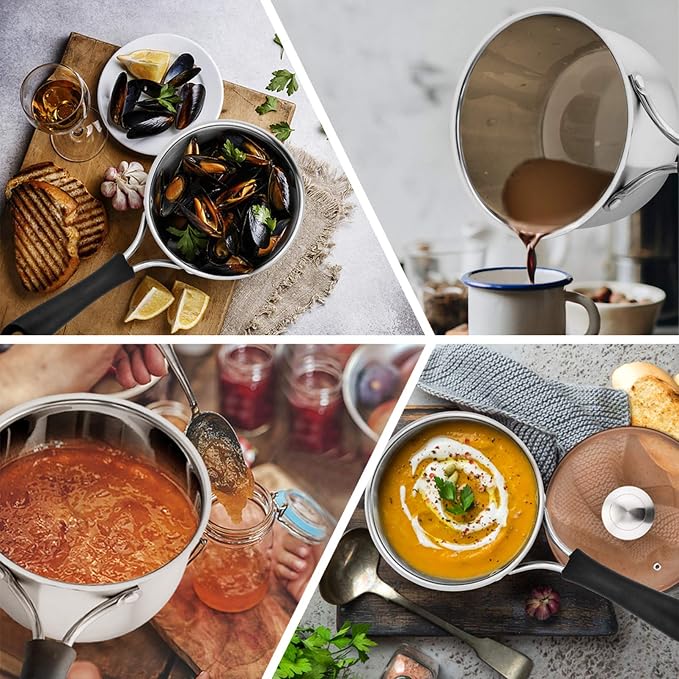 P&P CHEF 1 & 2 Quart Sauce Pan With Lid, Small Pot Saucepan for Milk, 2 Pcs | Stainless Steel Saucepan, Small Sauce Pot for Cooking, Visible Glass Lid & Bakelite Heat-Proof Handles,Dishwasher Safe