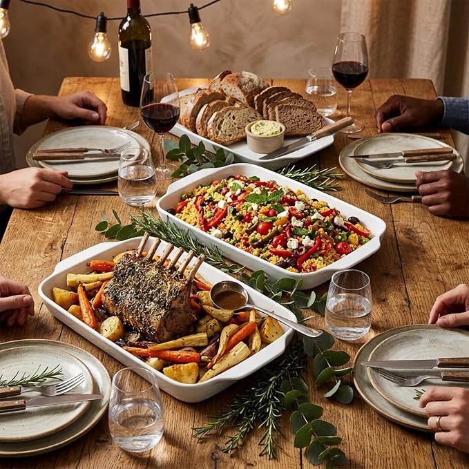 Dizada Large Serving Platter with Handles 16"x9" - White Porcelain Serving Trays Set of 3, Rectangular Platters for Entertaining, Party, Appetizer, Charcuterie