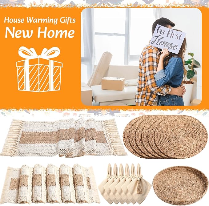 6 Sets Boho Decoration Placemats Round Woven Placemats, Cloth Napkins, Wood Bead Napkin Rings, Long Table Runner and Farmhouse Burlap Cotton for Table Kitchen (Khaki,12x72)