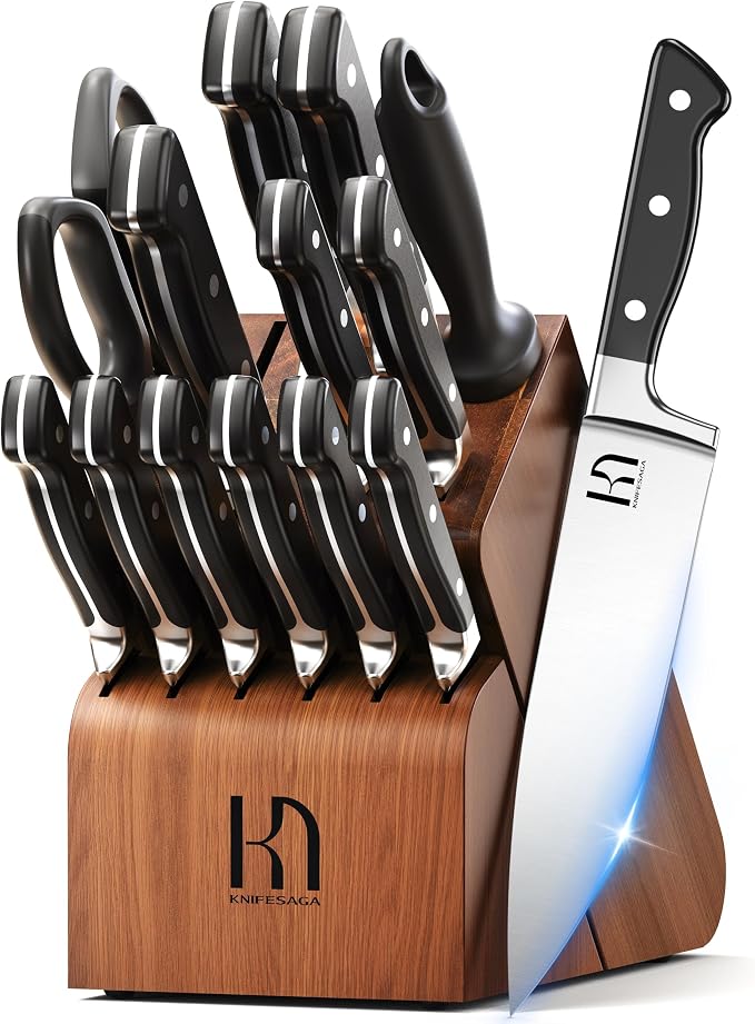 KnifeSaga 15-pc Japanese Kitchen Knife Block Set, Razor Sharp, Professional | Innovative Steel, High Carbon Stainless, Enduring Sharpness, Ergonomic Handle, Quality Acacia Wood Block, Full-tang, Gift Box