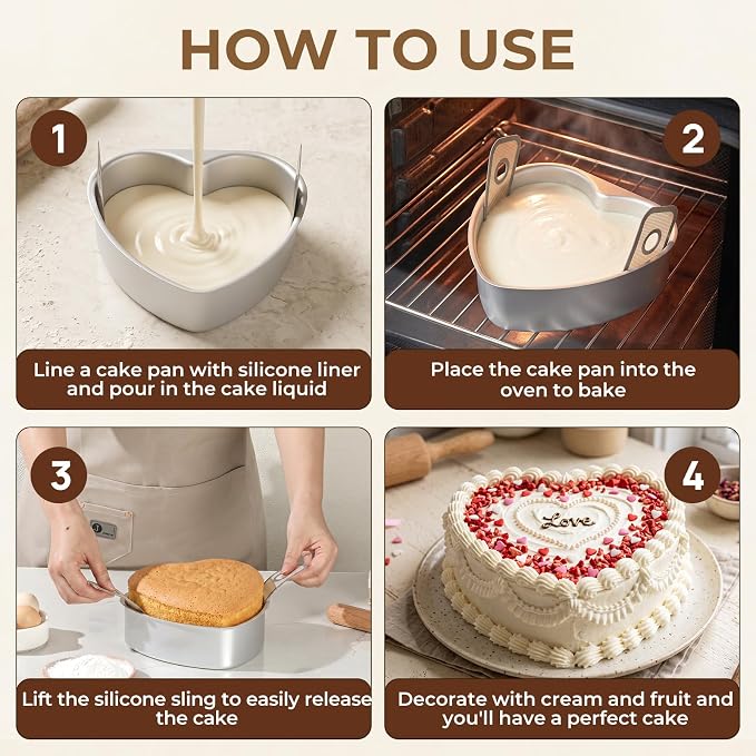 6 Inch Heart Shaped Cake Pan Set with Reusable Silicone Baking Mat（2 Pack） | Aluminum Heart Cake Mold with Silicone Sling, Nonstick, Heat Resistant, Easy to Clean & Release, for Kitchen Birthday Wedding