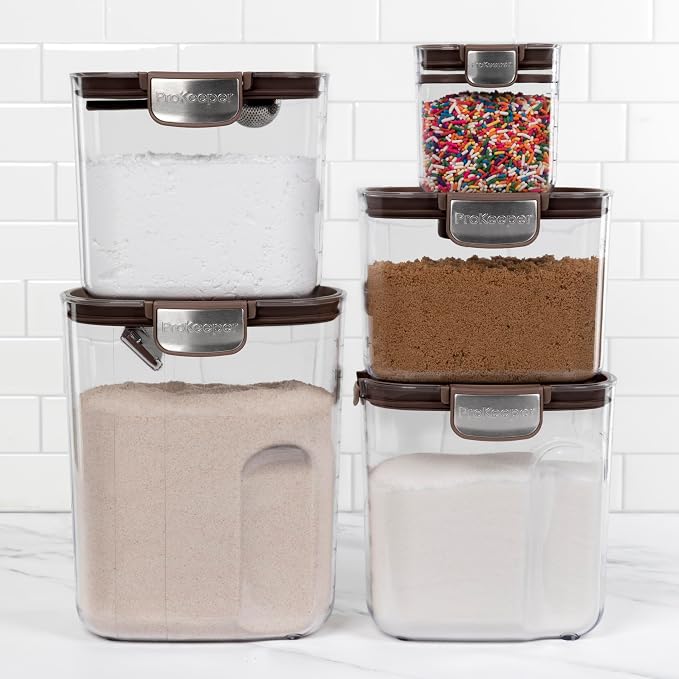 ProKeeper+ Airtight Food Storage Container Set – Clear Plastic Flour and Sugar Canister Set with Magnetic Accessories for Kitchen Organization (Brown, 9-Piece)