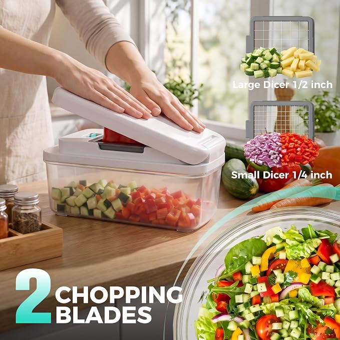 HAUSHOF 9-in-1 Vegetable Chopper & Mandoline Slicer, 7 Blades, Drain Basket | Food and Veggie Chopper and Dicer, Grater, Kitchen Prep Tool with Container, Safety Holder, Interchangeable Blades
