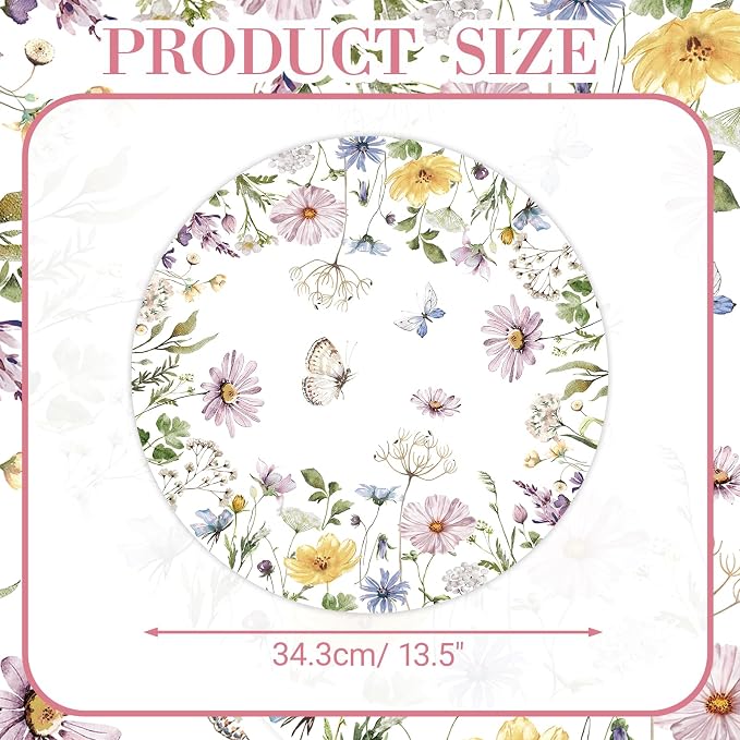 50PCS Floral Paper Placemats Disposable Table Mats, Elegant Flower Wreath Design, Summer Spring Wild Flowers Round Placemats Wedding/Brunch/Bride Party Supplies