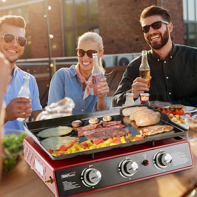 Royal Gourmet PD1301R 3-Burner Tabletop Propane Gas Griddle with Cover | 24 Inch Portable Griddle, Red | 25,500 BTUs Output, 319 sq. in. cooking area | for Outdoor Cooking, Camping or Tailgating