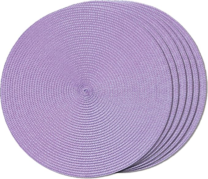 FunWheat Round Braided Placemats Set of 6 Table Mats for Dining Tables Woven Washable Non-Slip Place mats 15 inch(Lilac Purple, 6pcs)