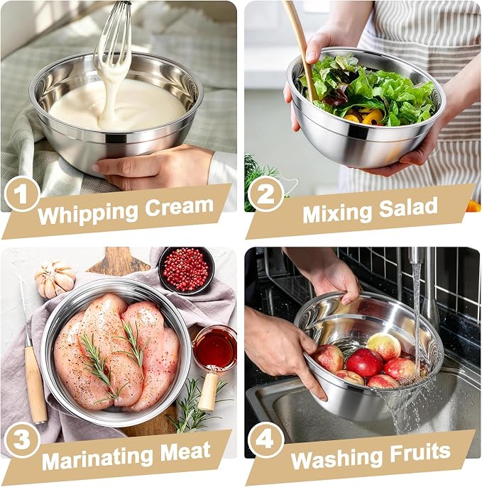 TeamFar Mixing Bowls, Stainless Steel Nesting Salad Bowls & Airtight Lids | For Serving/Mixing/Storing, Rust-proof & Heavy Duty, Dishwasher Safe, Set of 3-4.6/3 / 1.5 QT, Khaki