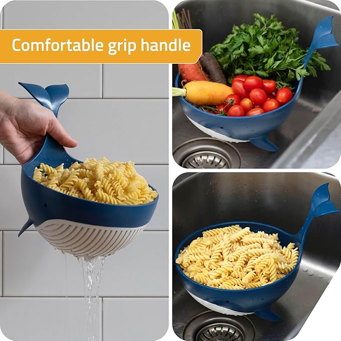Peleg Design Pastail Medium Pasta Colander – Fun Whale-Shaped Plastic Colander for Draining Pasta, Vegetables, and Fruit. Fun kitchen gadgets. Cute kitchen gift.