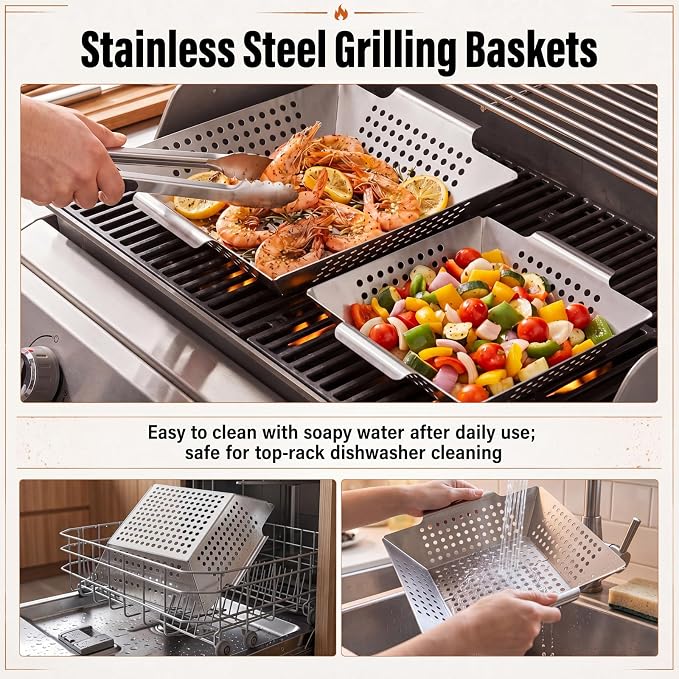 4 Pack Grilling Accessories Outdoor Grill Topper Vegetables Grill Baskets for BBQ, Grilling Pans Trays Griller Baskets with Holes and Handles, Carbon Steel