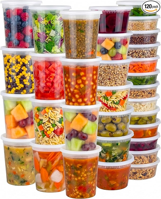 120 Sets Plastic Deli Containers with Lids - 8oz, 16oz Pint & 32oz Quart | Leak Proof, Microwaveable, Dishwasher & Freezer Safe - Plastic Food Storage, Meal Prep, Restaurant & Soup Containers
