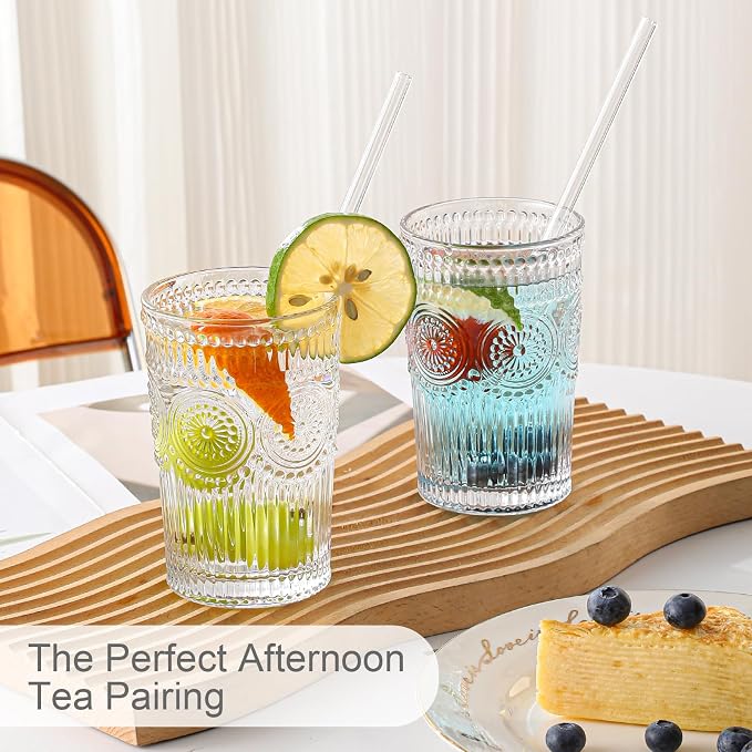 ZMOWIPDL Drinking Glasses Set of 6,13oz Flower Design Clear Glass Cups | Vintage Glassware,Textured Tumblers,Embossed Striped Drinkware for Water,Cocktails,Juice,Iced Coffee