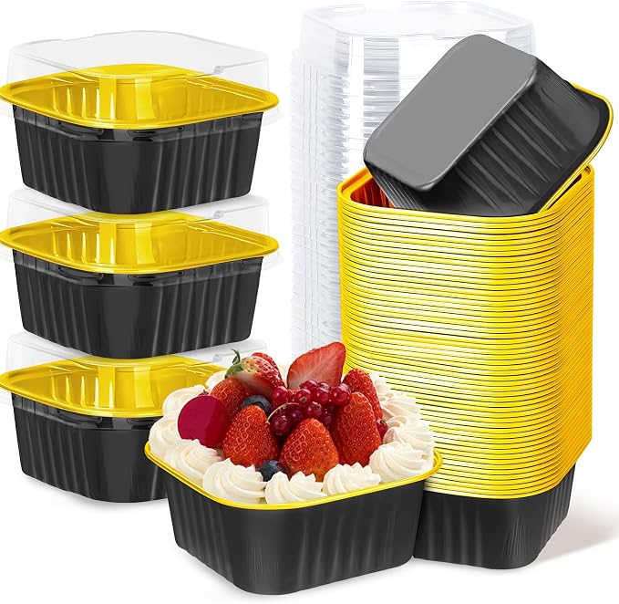 100Pack 5oz Black&Gold Mini Cake Pans with Lids Baking Cups Aluminum Foil Pans Tins, Individual Dessert Cups Containers for Sales,Party,Picnics
