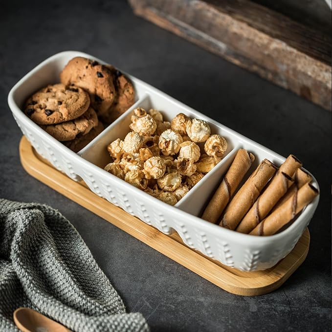 Miamolo Condiment Bowls Divided Serving Tray, Chip and Dip Bowl for Party | Ceramic 10-inch, 3 Compartment Tray + Wood Base | for Snacks Appetizer Charcuterie, Microwave Oven Safe, Hosting Essentials