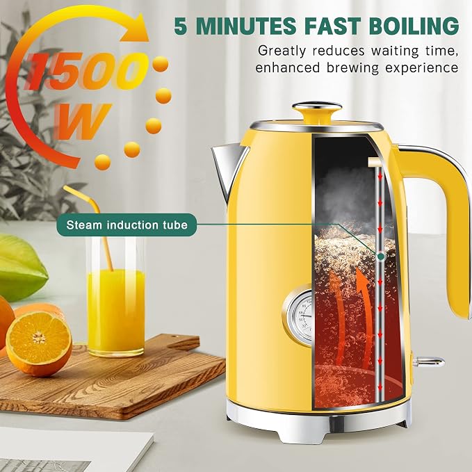 SUSTEAS 57oz Electric Kettle with Thermometer, Hot Water Pot, Retro Yellow | Electric Tea Kettle for Boiling Water, 1500W Stainless Steel Pot, Cordless LED Indicator, Auto Shut-Off & Boil Dry Protection