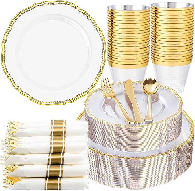 175 Pcs Clear Gold Plastic Plates Wedding & Party | Gold Plastic Dinnerware Set Includes 25 Dinner Plates, 25 Dessert Dinnerware, 25 Cups, 25 Napkins Perfect